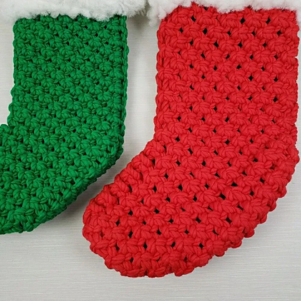 Macramé Christmas Stocking Red Green Handmade Holiday Plastic Pick MCM Vintage
